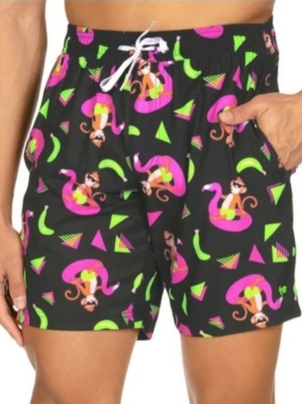 Tipsy Elves Black Swim Shorts with Pink & Neon Green Novelty Print